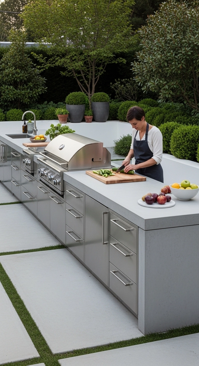 Minimalist concrete outdoor kitchen demonstrating modern outdoor kitchen ideas.
