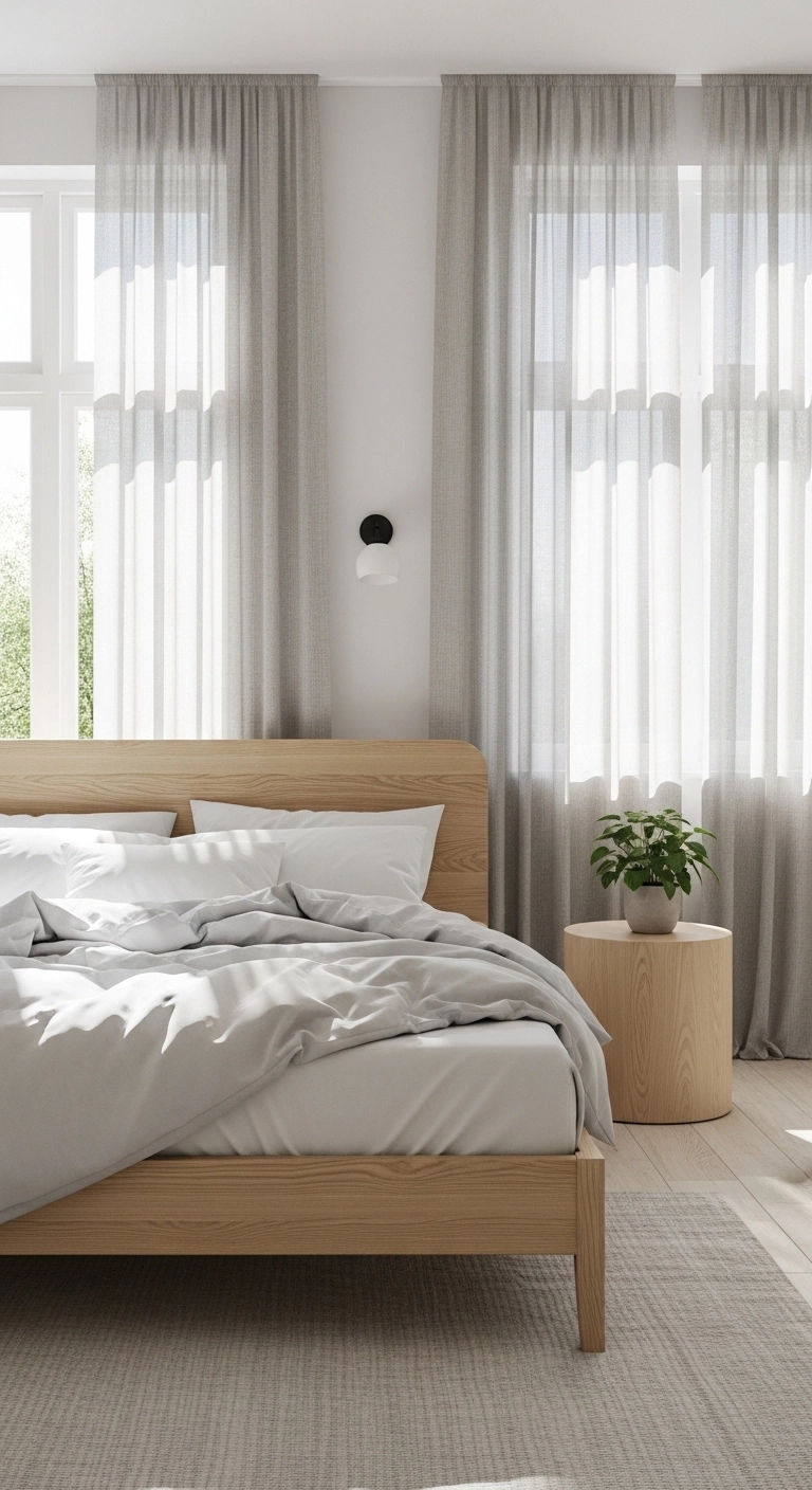 Minimalist Scandinavian bedroom interior with light wood furniture and neutral linens