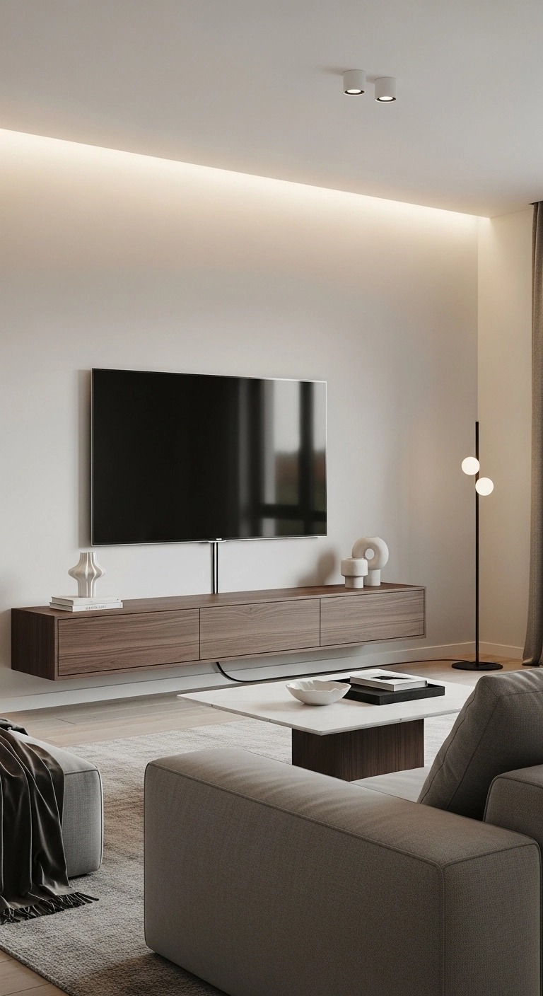 Interior design living room with minimalist TV wall and sleek console.