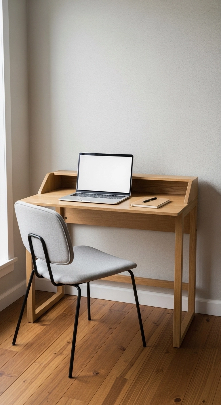 Minimalist small desk in a clean home office with laptop and simple decor