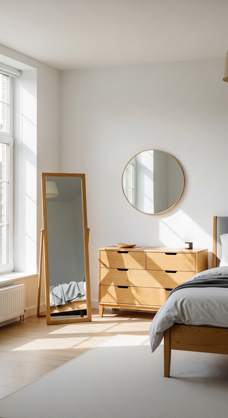 Bedroom interior with full-length and wall mirrors for a spacious look