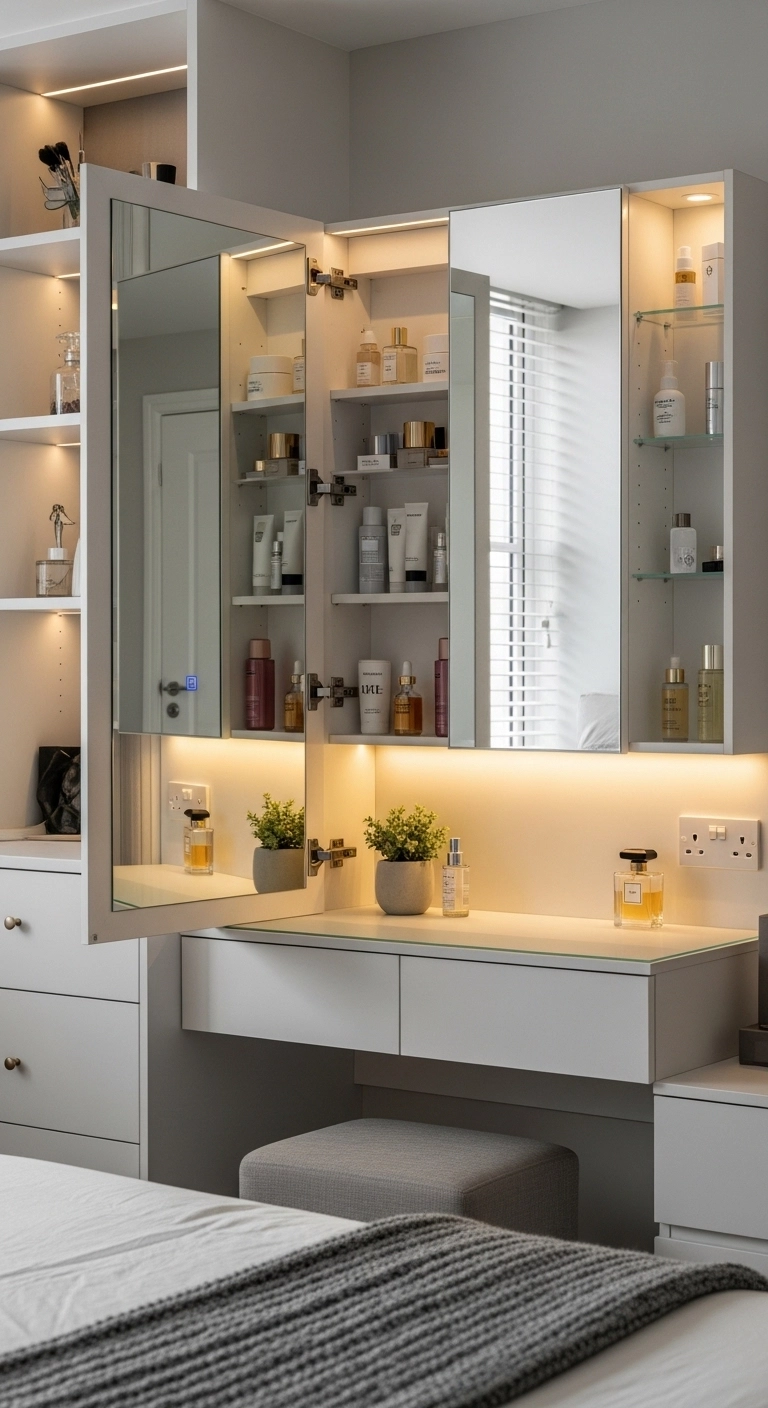 Bedroom vanity ideas with mirror cabinet storage and clean modern setup