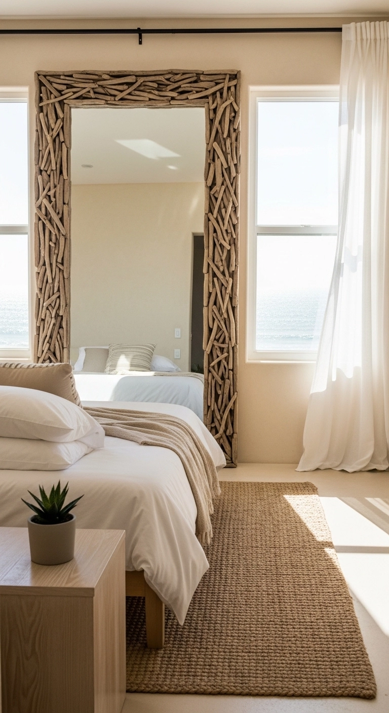 Beach bedroom ideas with mirror reflecting natural light in a bright coastal room