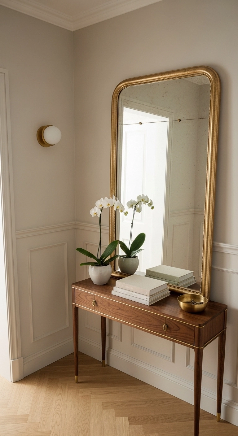 Tiny hallway ideas using a large mirror to make space feel bigger