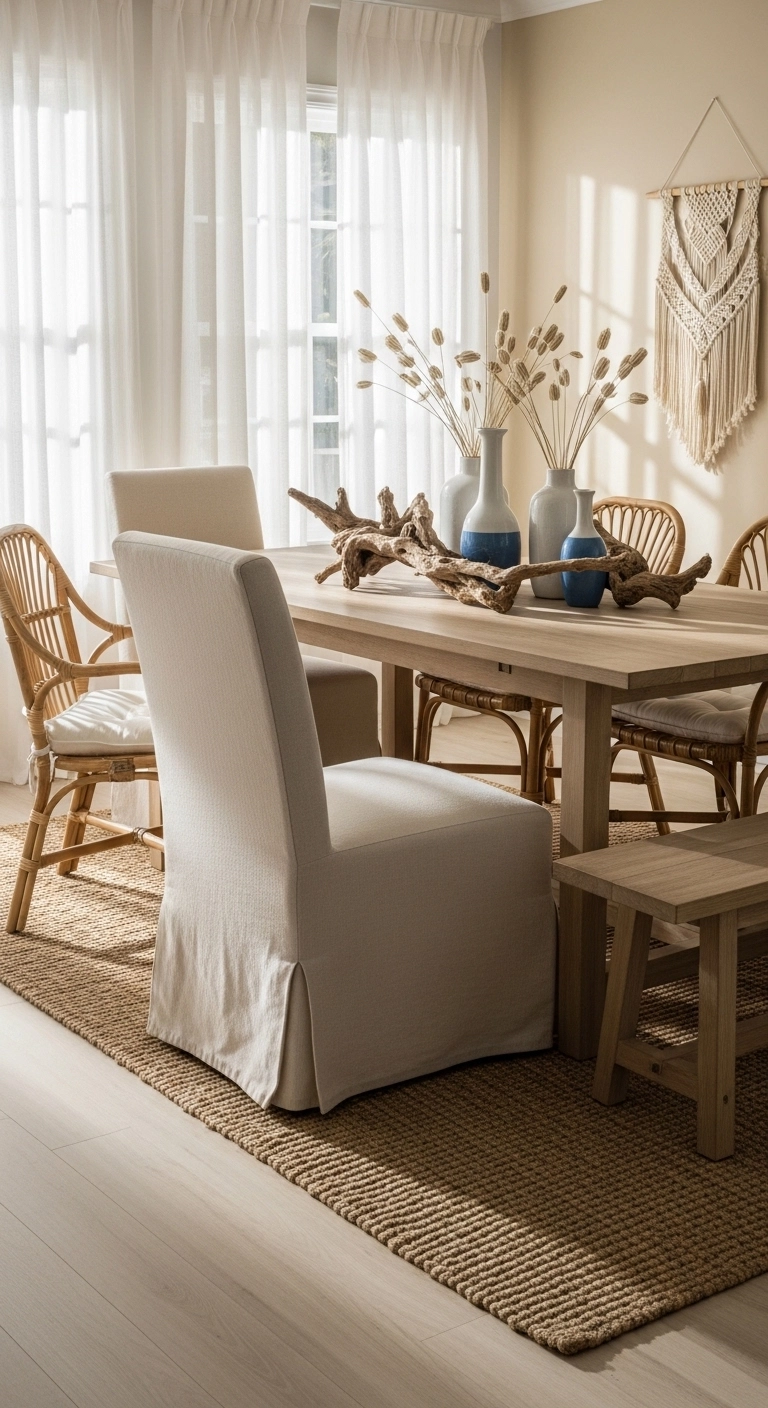 Beach house dining room with light wood table and mix-and-match coastal dining chairs