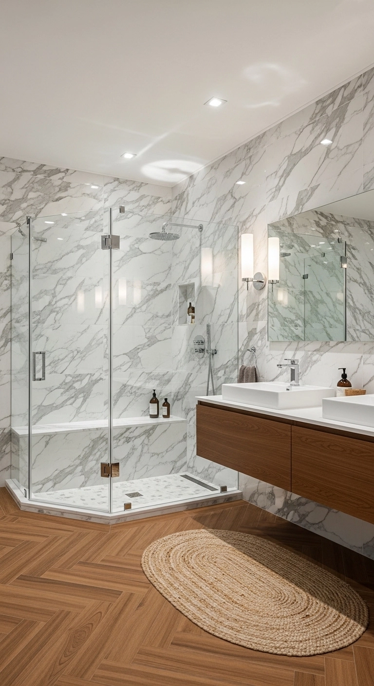 Mixed material bathroom tile design combining marble and wood-look tiles
