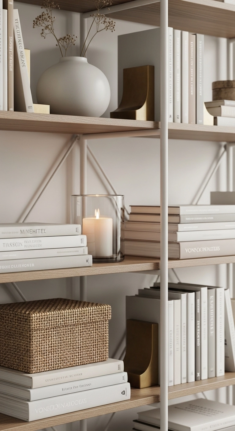 Bookshelf decor ideas with mixed materials and texture