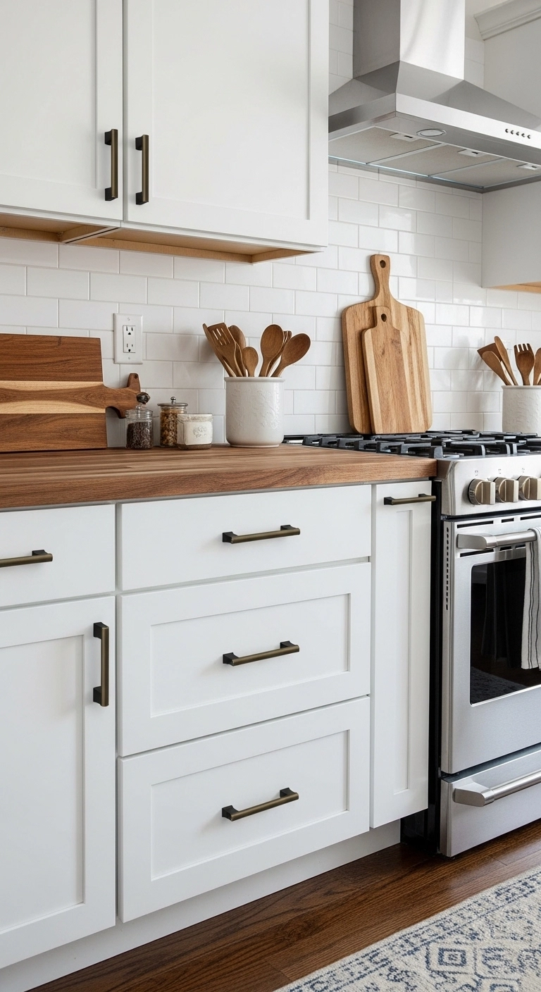 Mixed brass and black cabinet hardware in a farmhouse kitchen highlighting stylish farmhouse kitchen ideas.