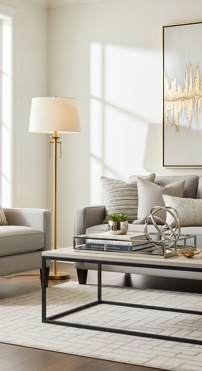 Interior design living room with mixed metal finishes including brass lamp and matte black decor.