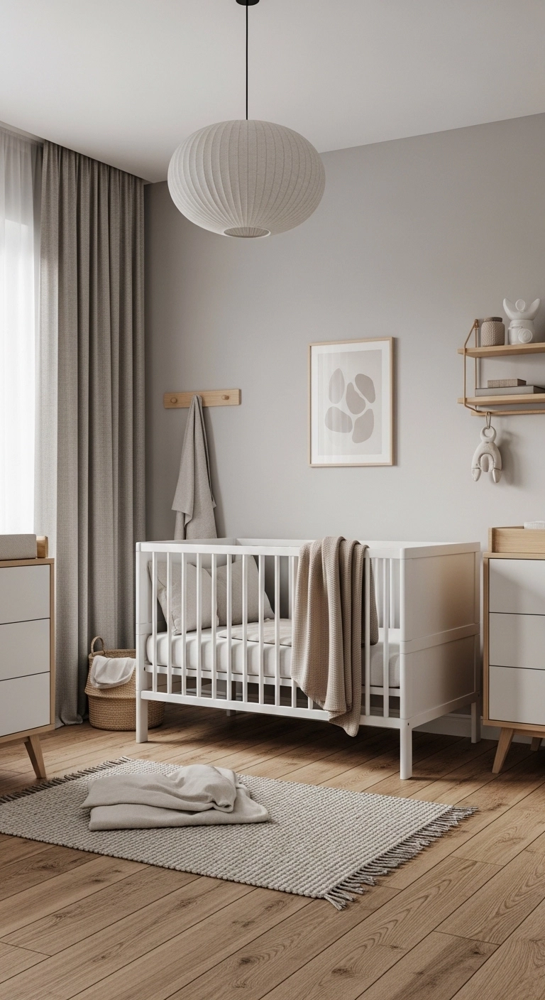 modern minimalist baby nursery ideas for boys with white crib, neutral walls, light wood furniture and soft natural fabrics