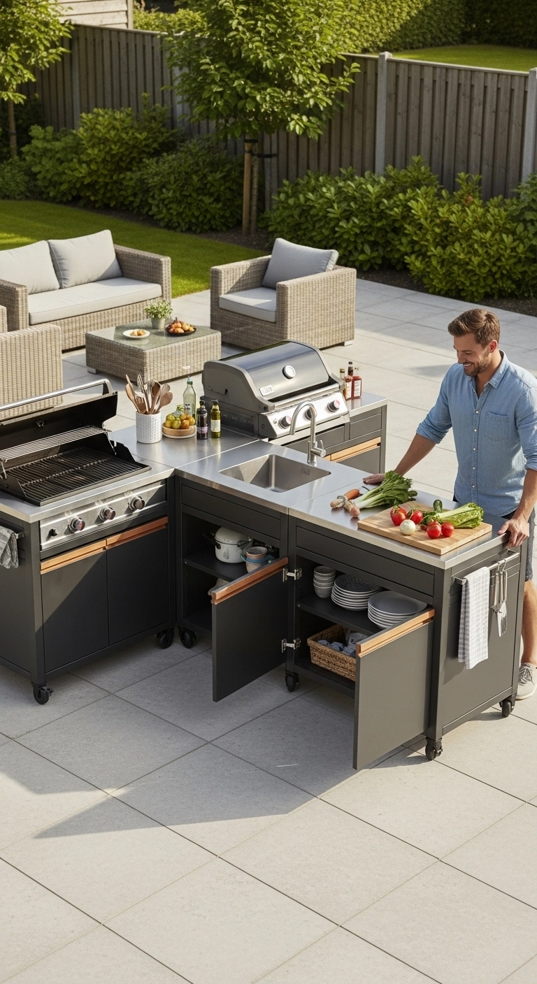 Flexible modular cooking station showing practical outdoor kitchen ideas.