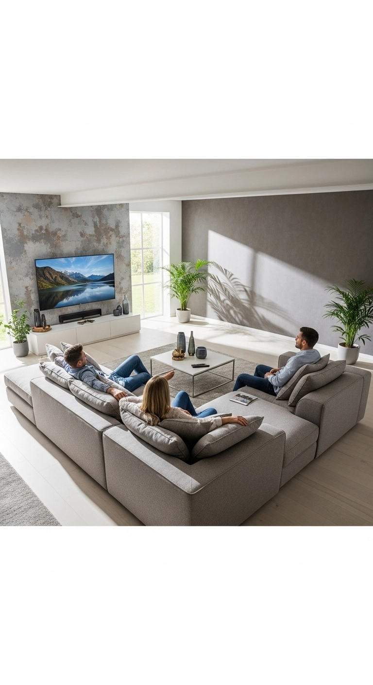 Interior design living room with modular sofa arranged for flexible seating.