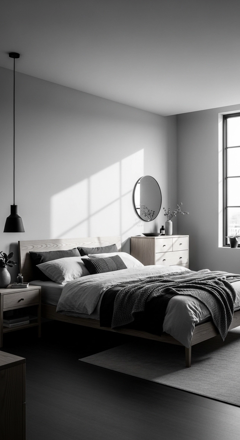 Bedroom interior with monochromatic grey color scheme and minimalist décor.