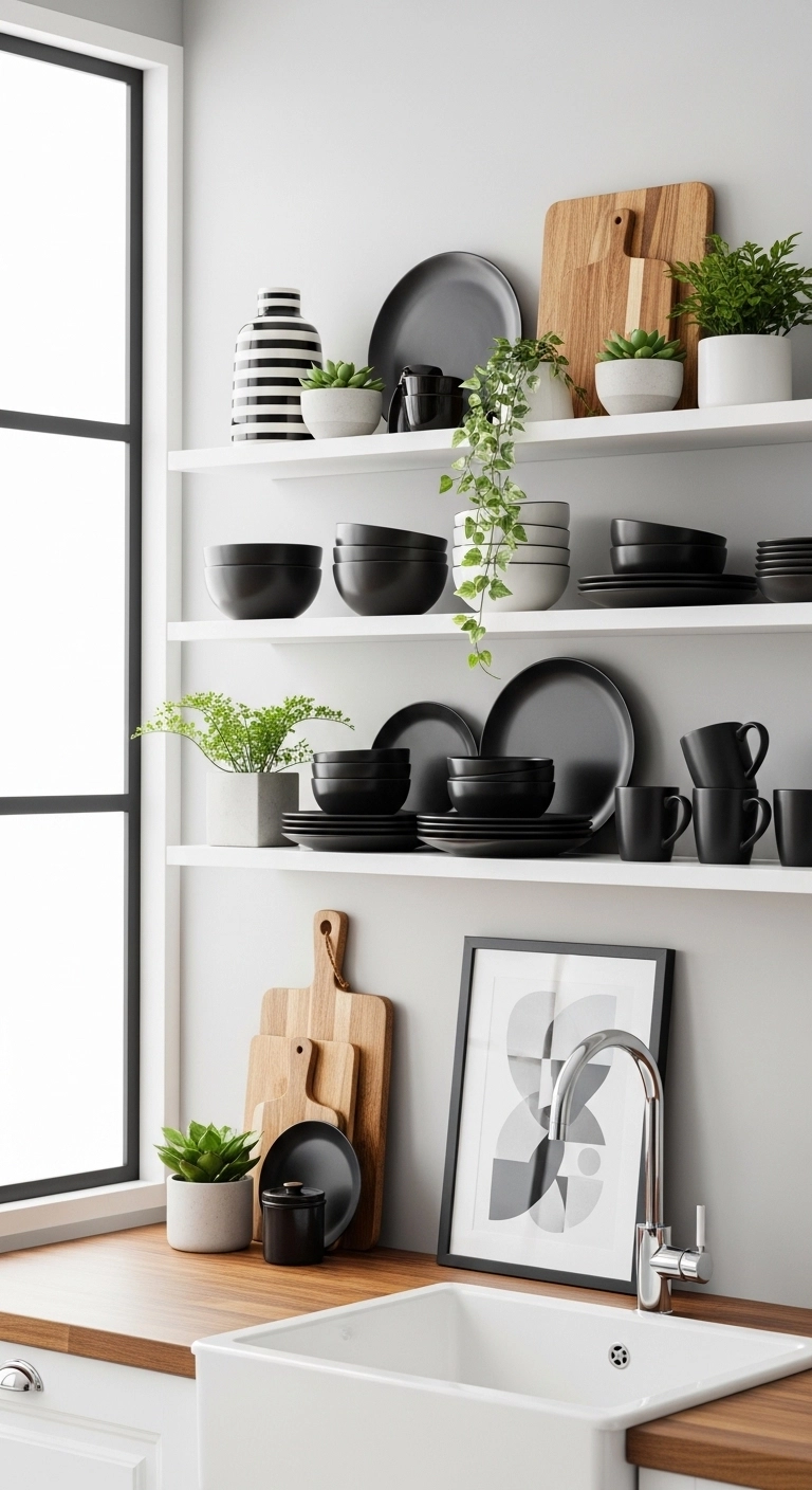 White shelves with black dishware in kitchen, black and white kitchen ideas
