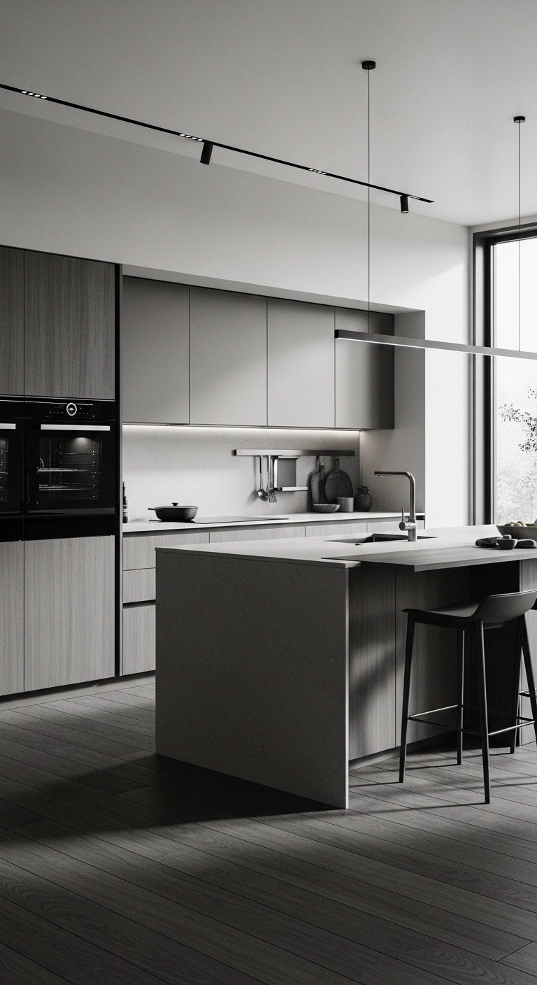 modern kitchen design in monochrome gray tones with textured finishes