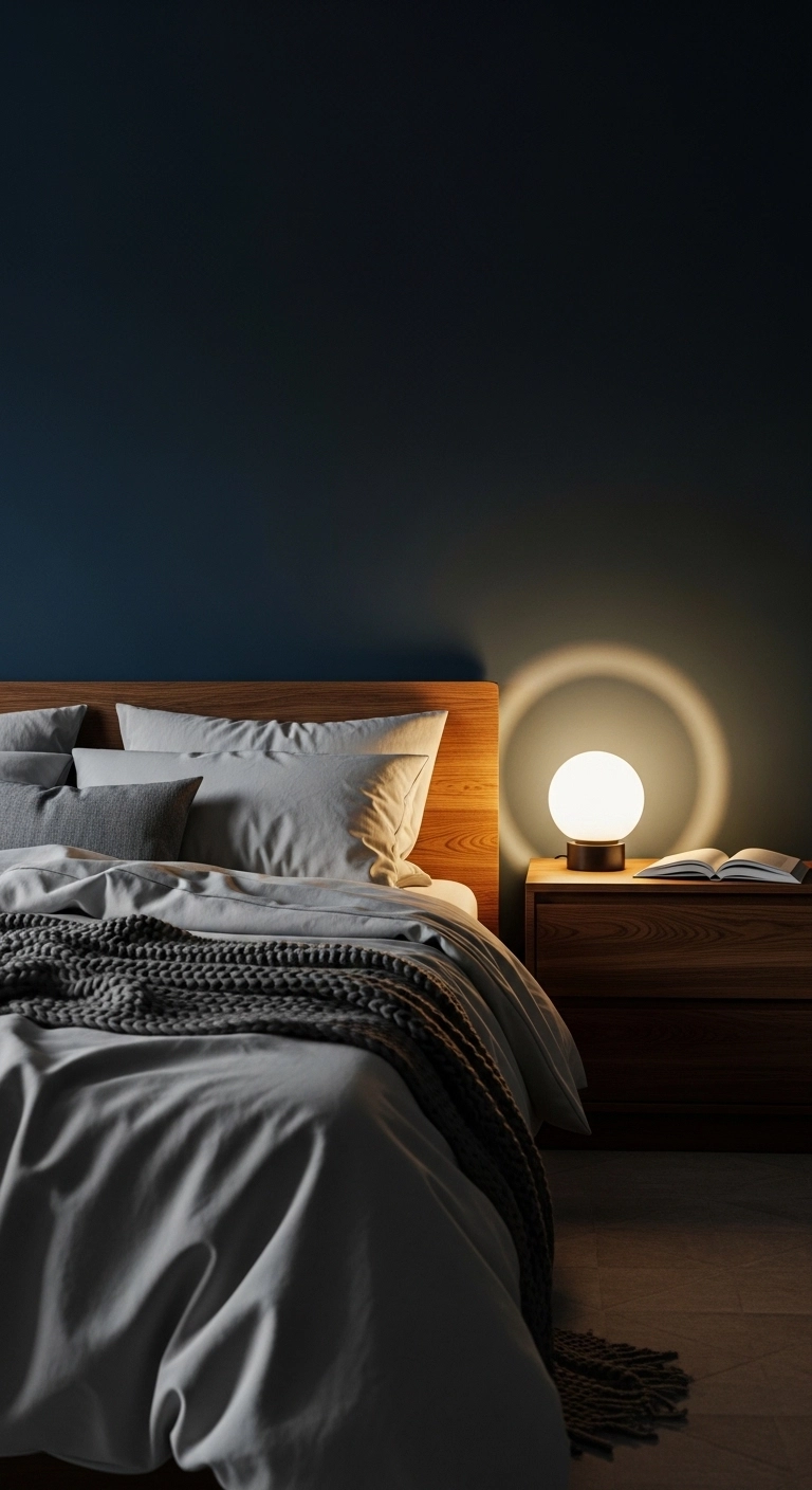 Blue bedroom ideas with deep blue walls and warm cozy lighting