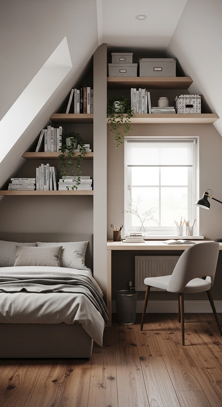 Multi-functional attic bedroom with bed, workspace, shelves, and natural sunlight