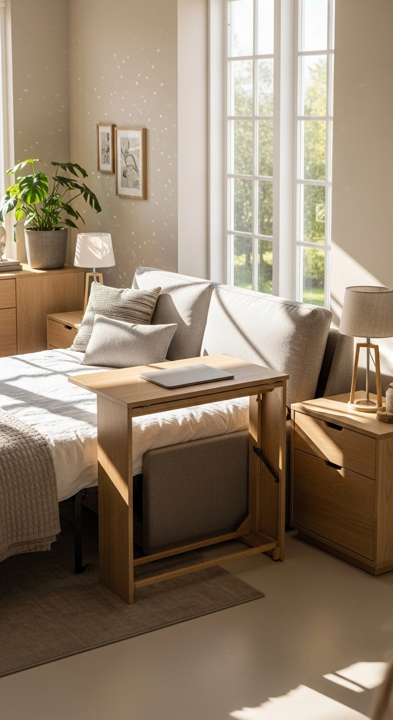 Bedroom interior with multi-functional furniture for practical modern living.