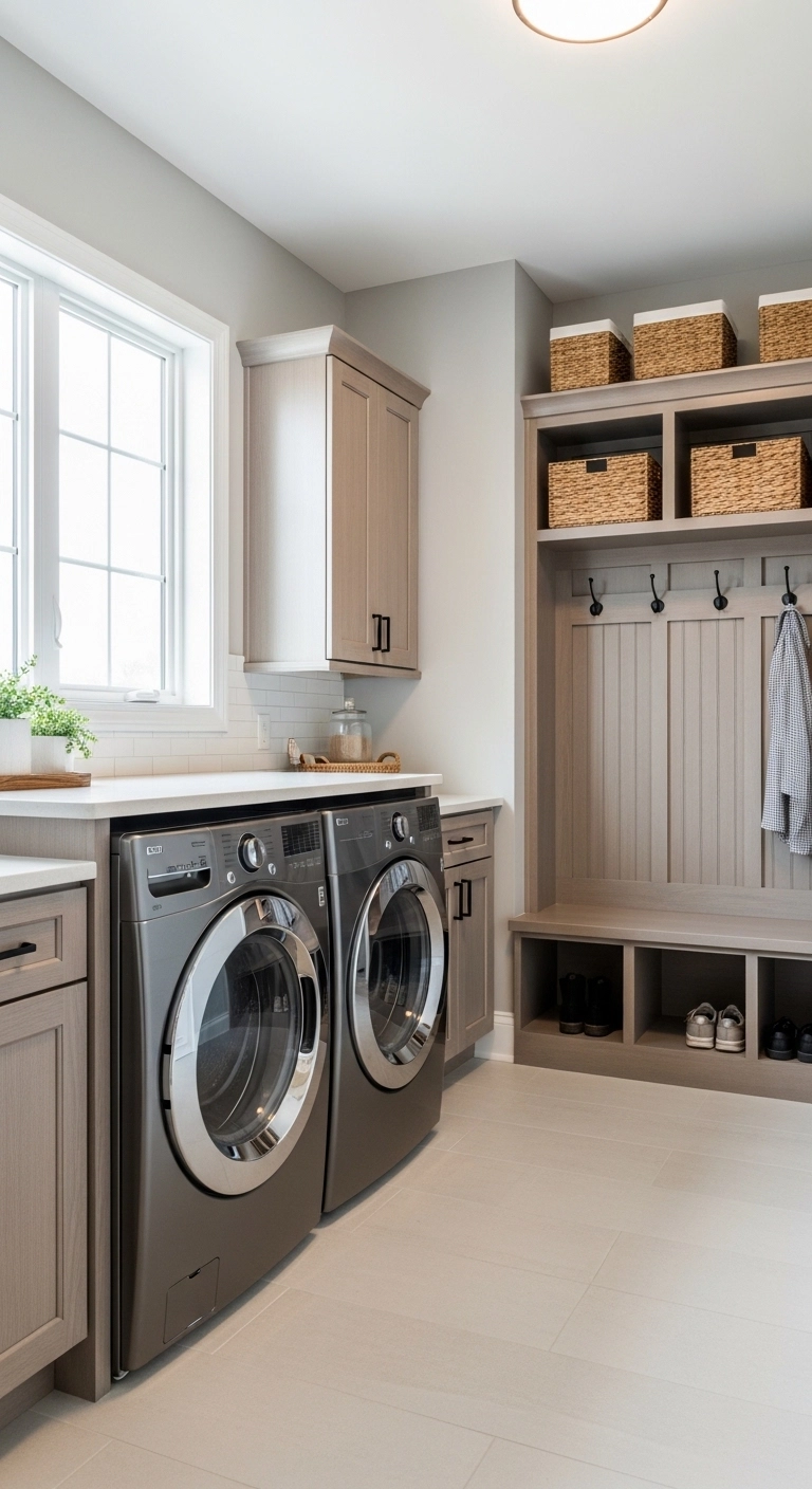 Laundry room ideas combining laundry and mudroom functions, with washer, dryer, bench, and organized storage