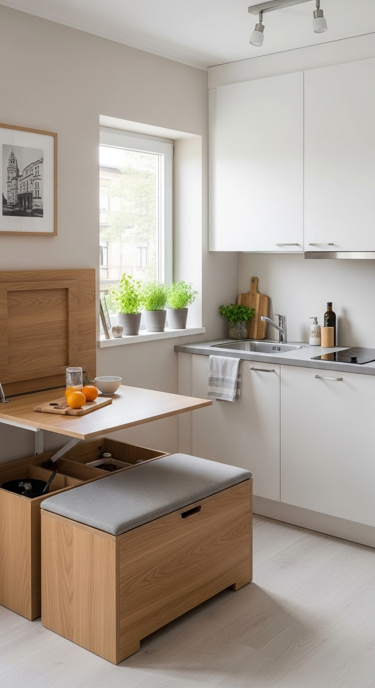 Small kitchen ideas with foldable table and multi functional furniture.