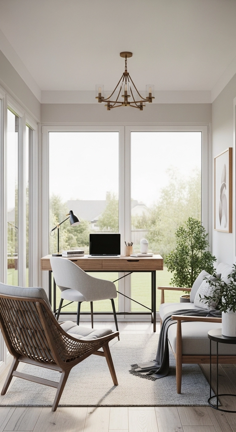 Multi-functional sun room ideas with workspace and lounge area in one bright space