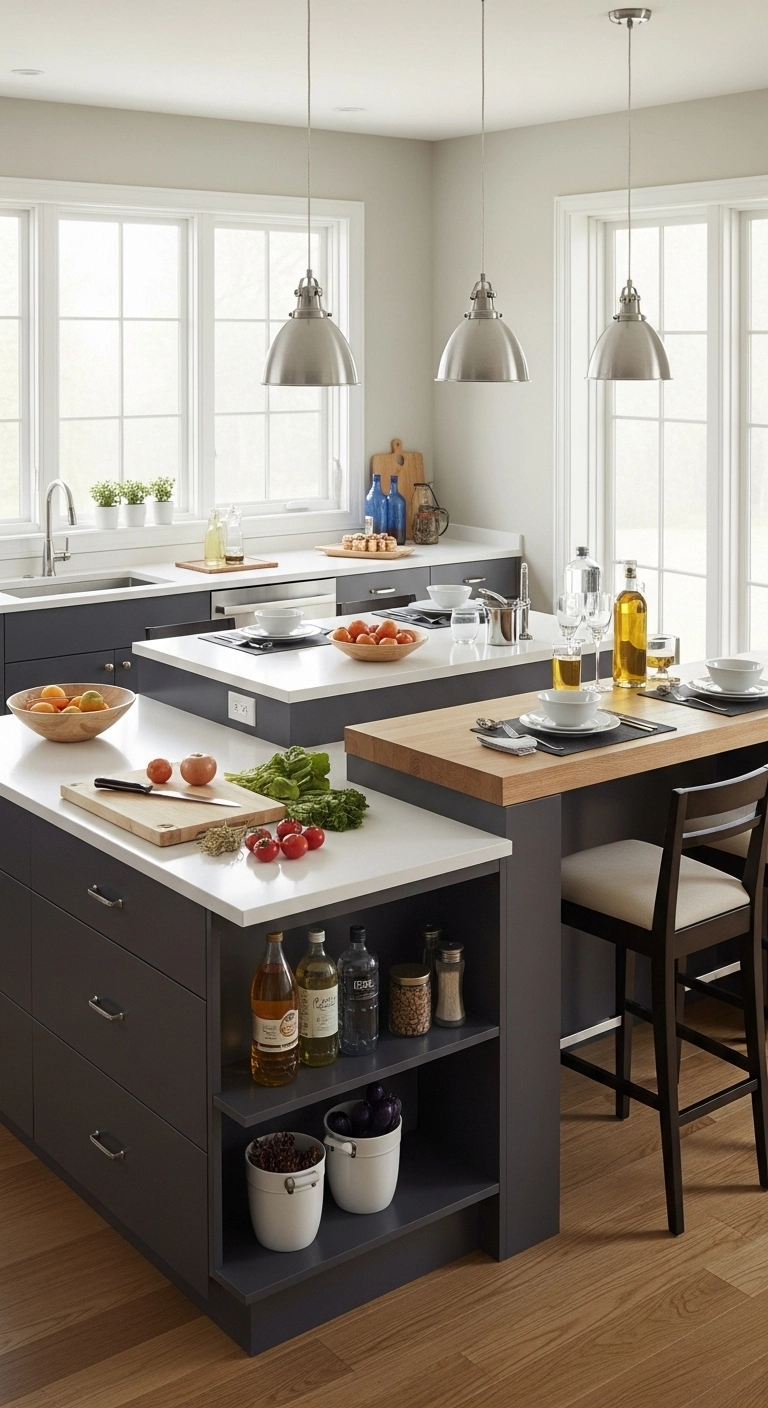 Two-level kitchen island with prep area and seating showing modern kitchen island ideas.