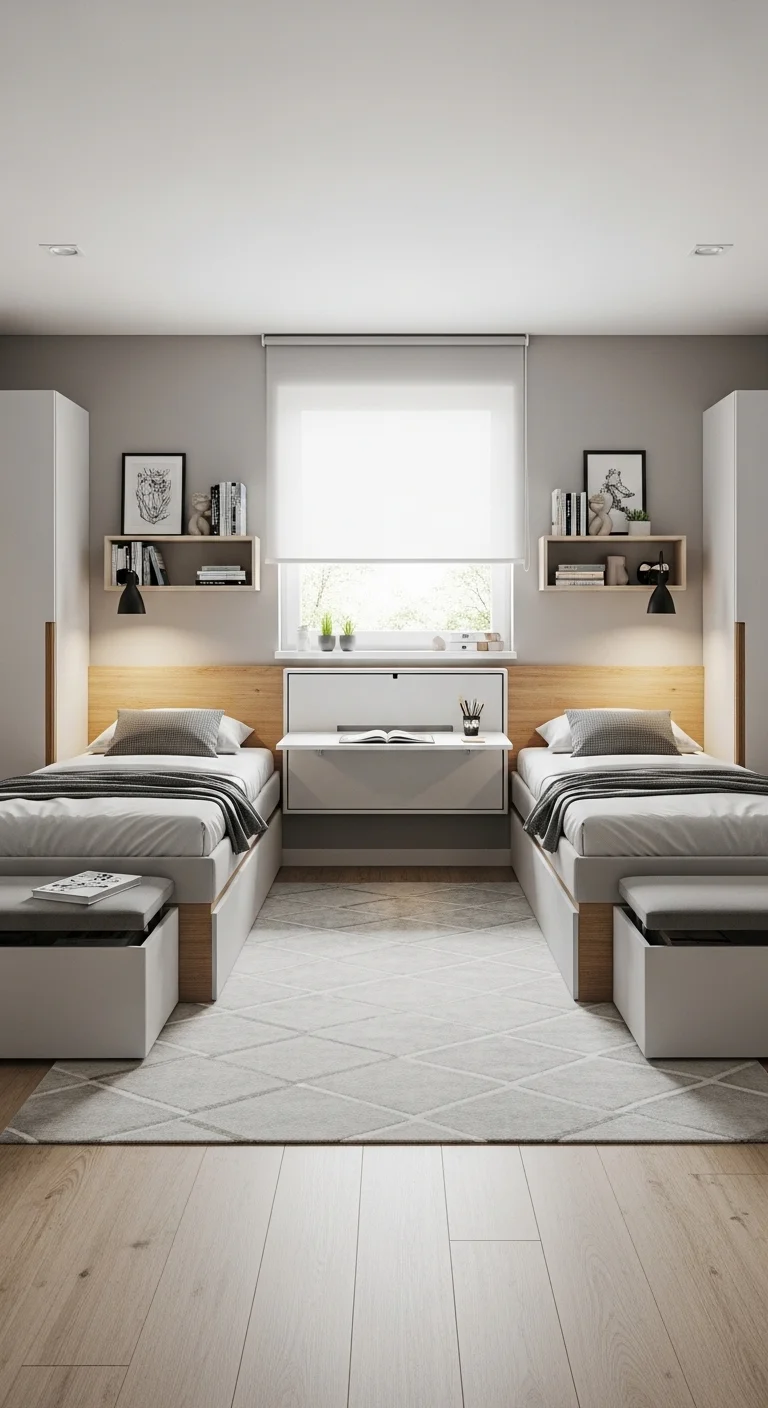 twin bedroom ideas with multifunctional furniture setup