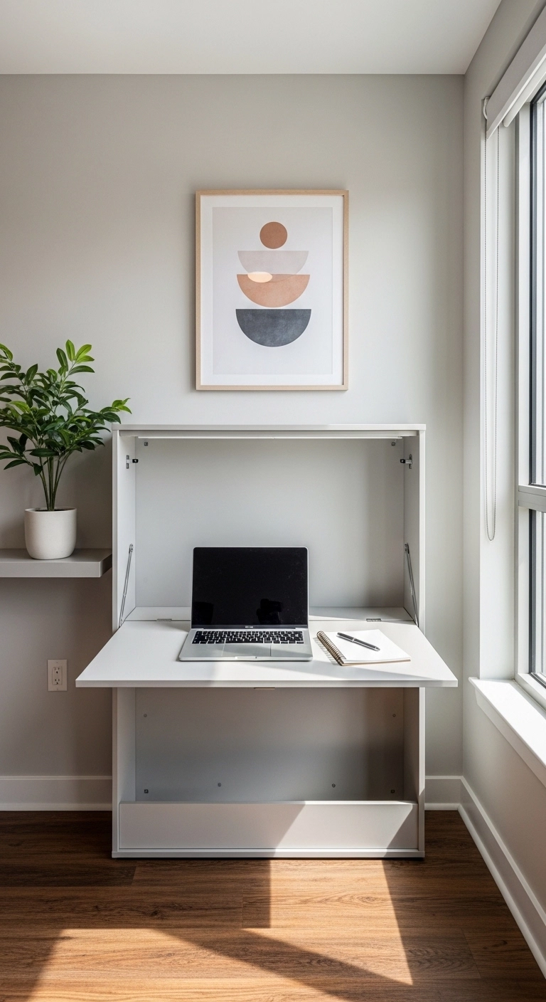 Murphy desk in small studio apartment with laptop and tidy workspace
