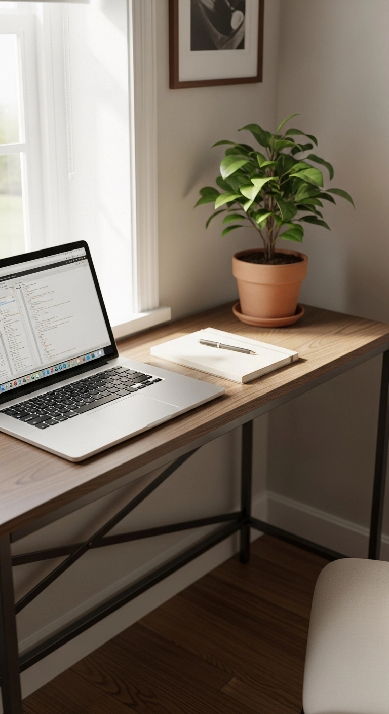 Small apartment workspace with a narrow console desk, laptop, plant, and natural light