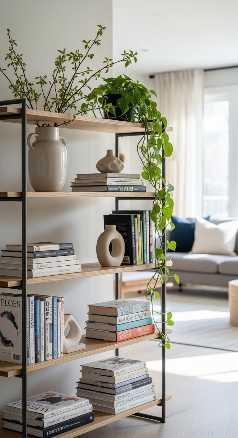 Bookshelf decor ideas with greenery and natural branches