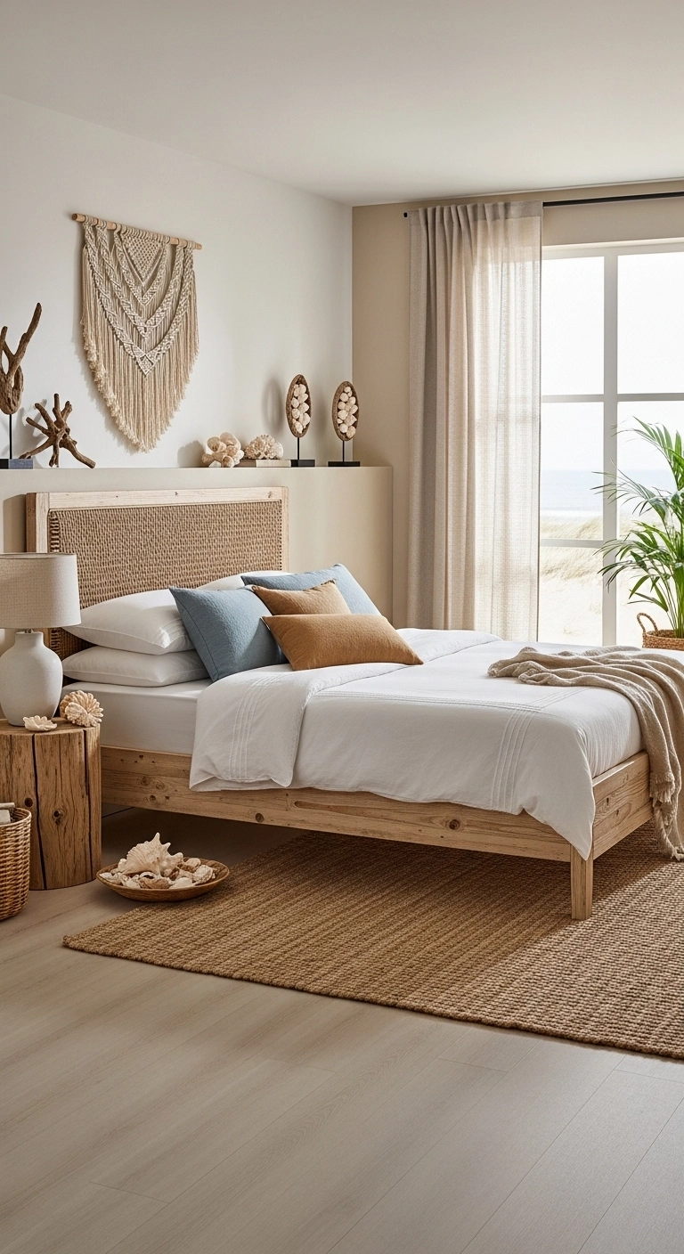 Beach bedroom ideas using natural materials like wood, rattan, linen bedding, and jute rug in a bright coastal space