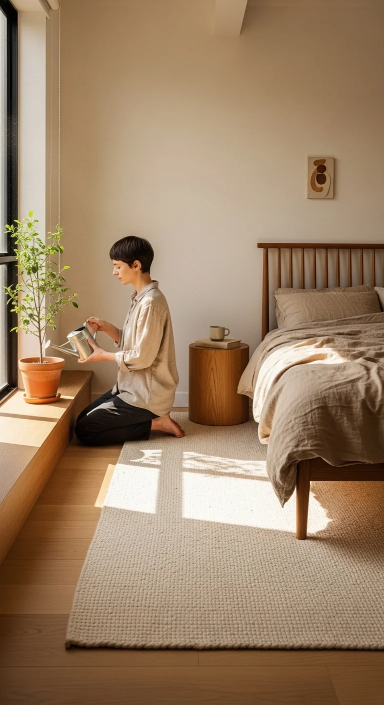 Minimalist bedroom with wooden furniture and natural textures.