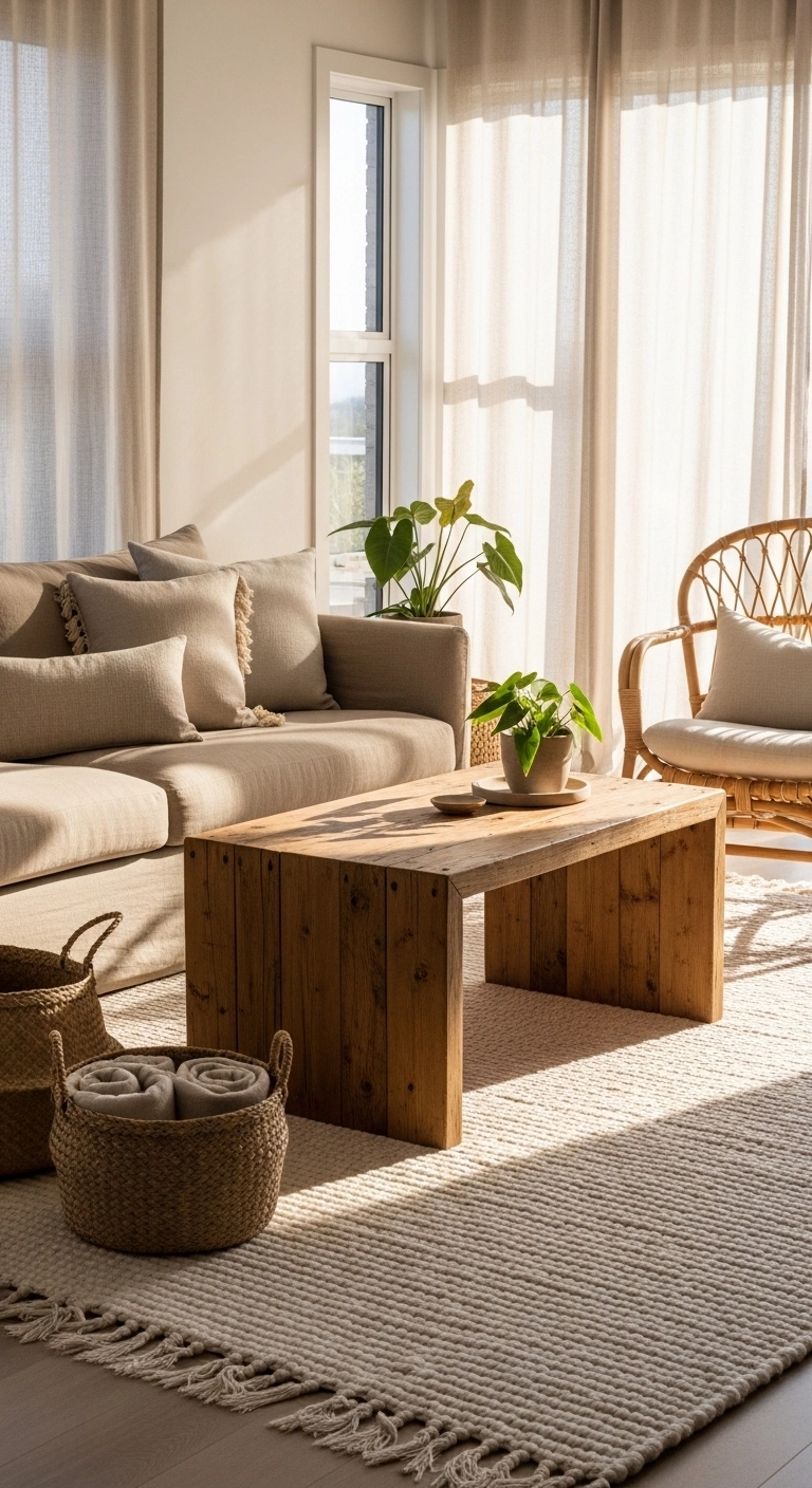 Interior design living room with natural materials including wood table, linen sofa, and rattan chair.