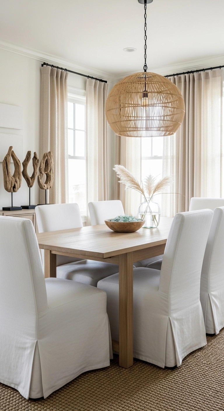 Beach house dining room highlighting natural textures like rattan, linen, and jute around a light wood table