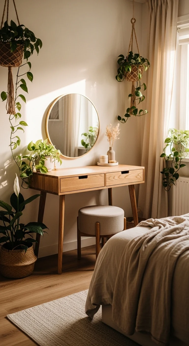 Natural wood bedroom vanity ideas with plants and warm cozy bedroom décor