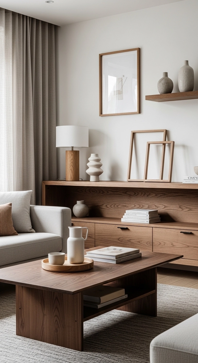 Cozy living room design with natural wood coffee table and wooden shelving creating a warm interior.