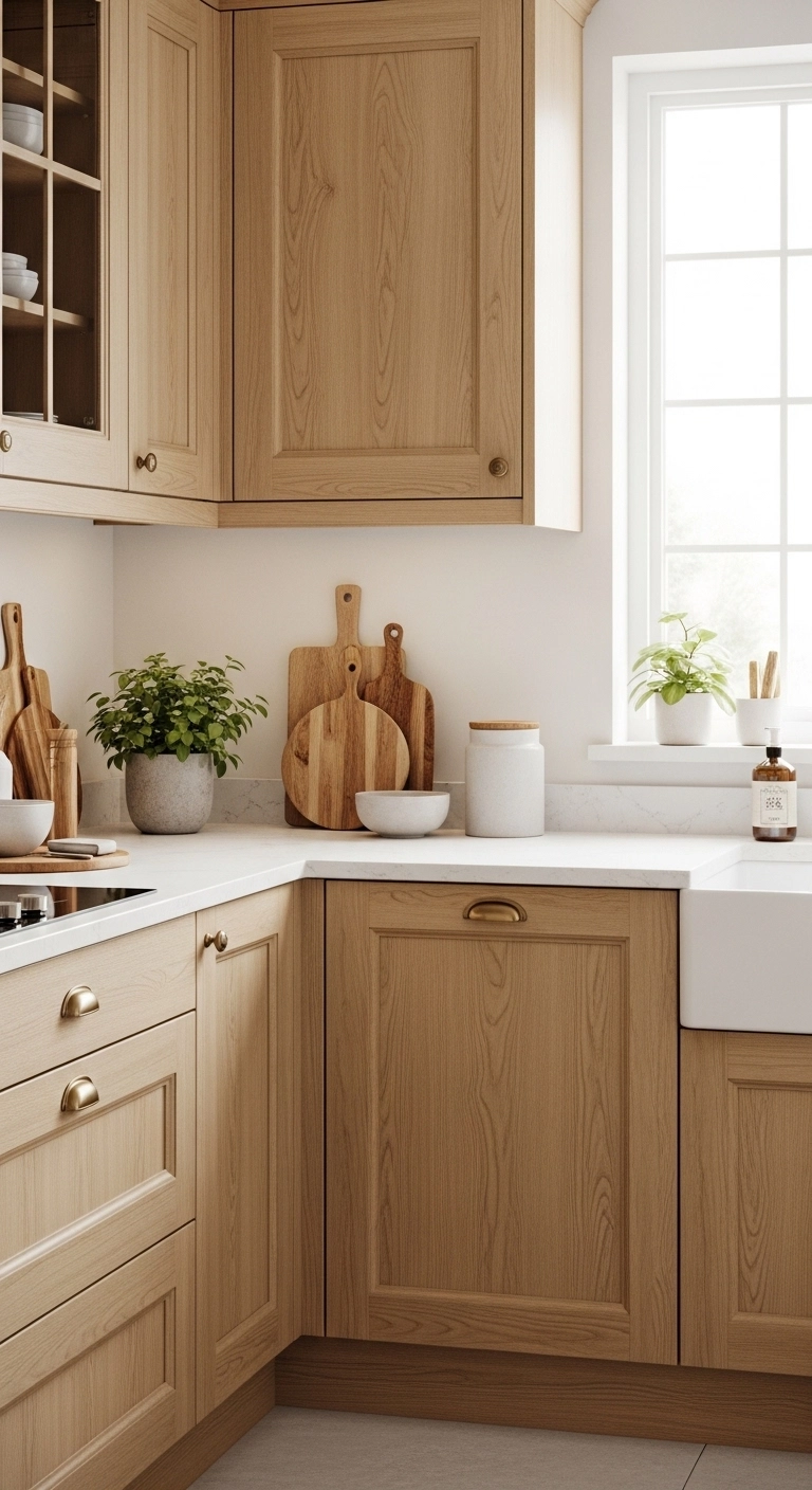 Modern kitchen with natural wood kitchen cabinets ideas featuring light oak cabinets and quartz countertops in a warm minimalist design.