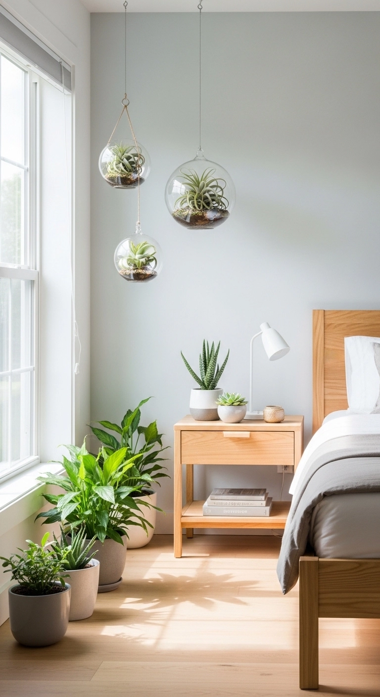 Bedroom interior with nature-inspired décor including plants and neutral linens