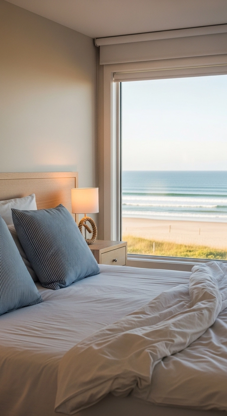 Beach bedroom ideas with subtle nautical decor like striped pillows and rope accents