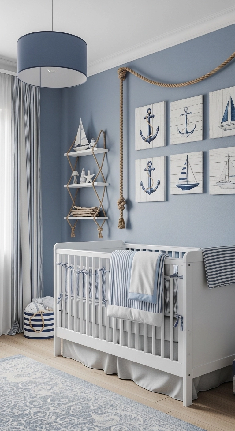 nautical baby nursery ideas for boys with sailboat decor anchor wall art and blue white colors