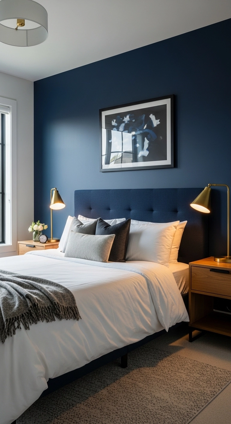 Blue bedroom ideas featuring a navy accent wall behind the bed