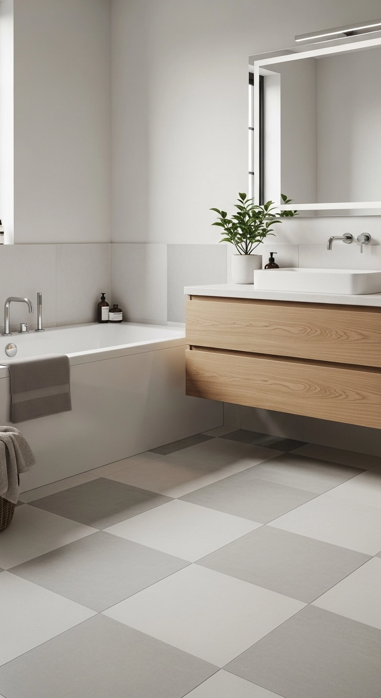 Modern checkerboard bathroom tile design with soft neutral floor tiles