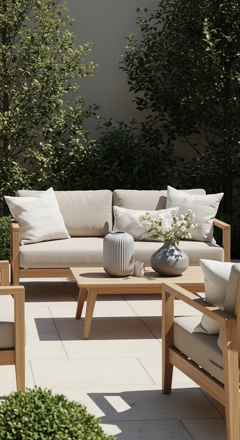 Neutral colored furniture and decor featured in modern outdoor patio ideas design.