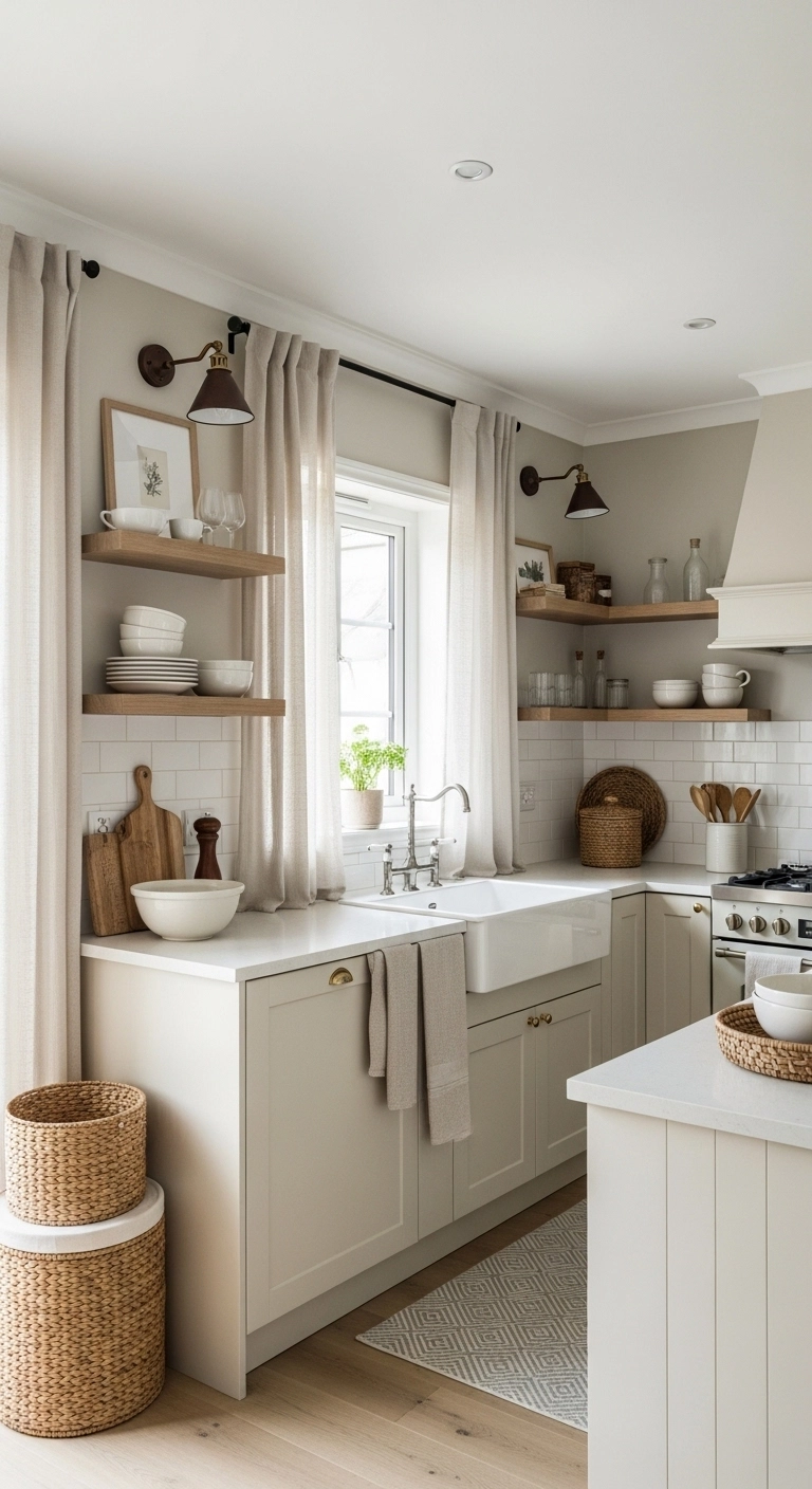 Neutral color farmhouse kitchen with sage green accents showing calm farmhouse kitchen ideas.
