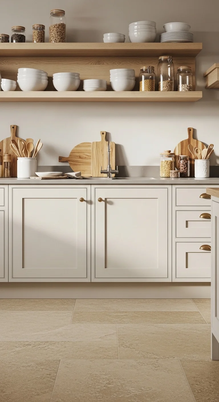 Kitchen with warm beige floor tiles, cream cabinets, and wood accents highlighting warm neutral kitchen ideas with durable flooring.