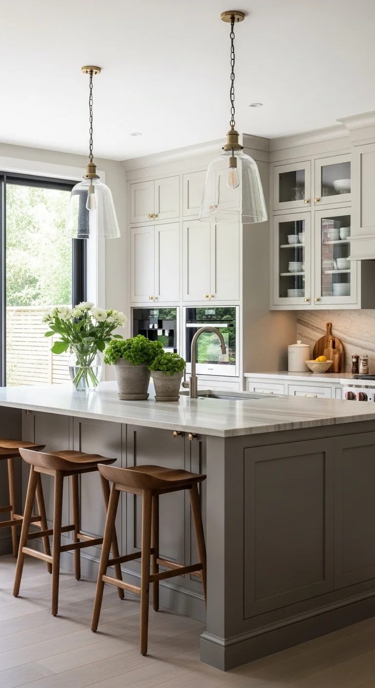 Kitchen with warm gray island, cream cabinets, and stone countertop illustrating warm neutral kitchen ideas with subtle contrast.
