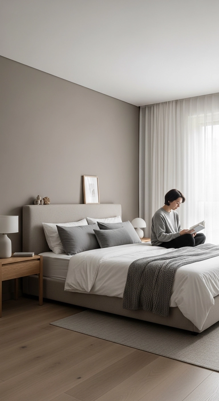 Neutral color minimalist bedroom with white bedding, beige headboard, and soft grey décor showing calming minimalist bedroom ideas.
