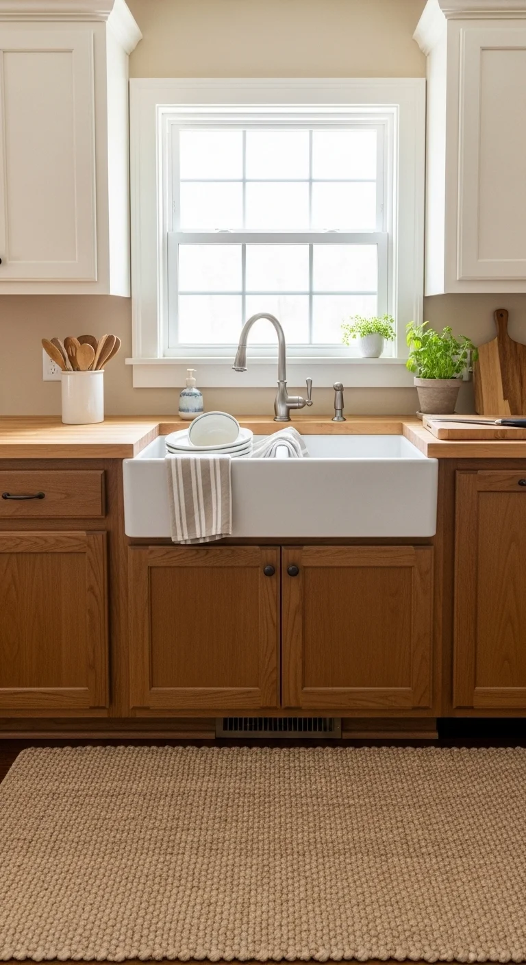 Kitchen with woven neutral rug on tile floor showing warm neutral kitchen ideas with soft texture and cozy design.