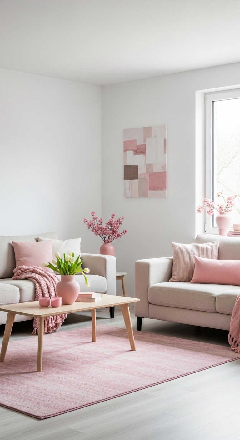 pink living room ideas with neutral and soft pink balance
