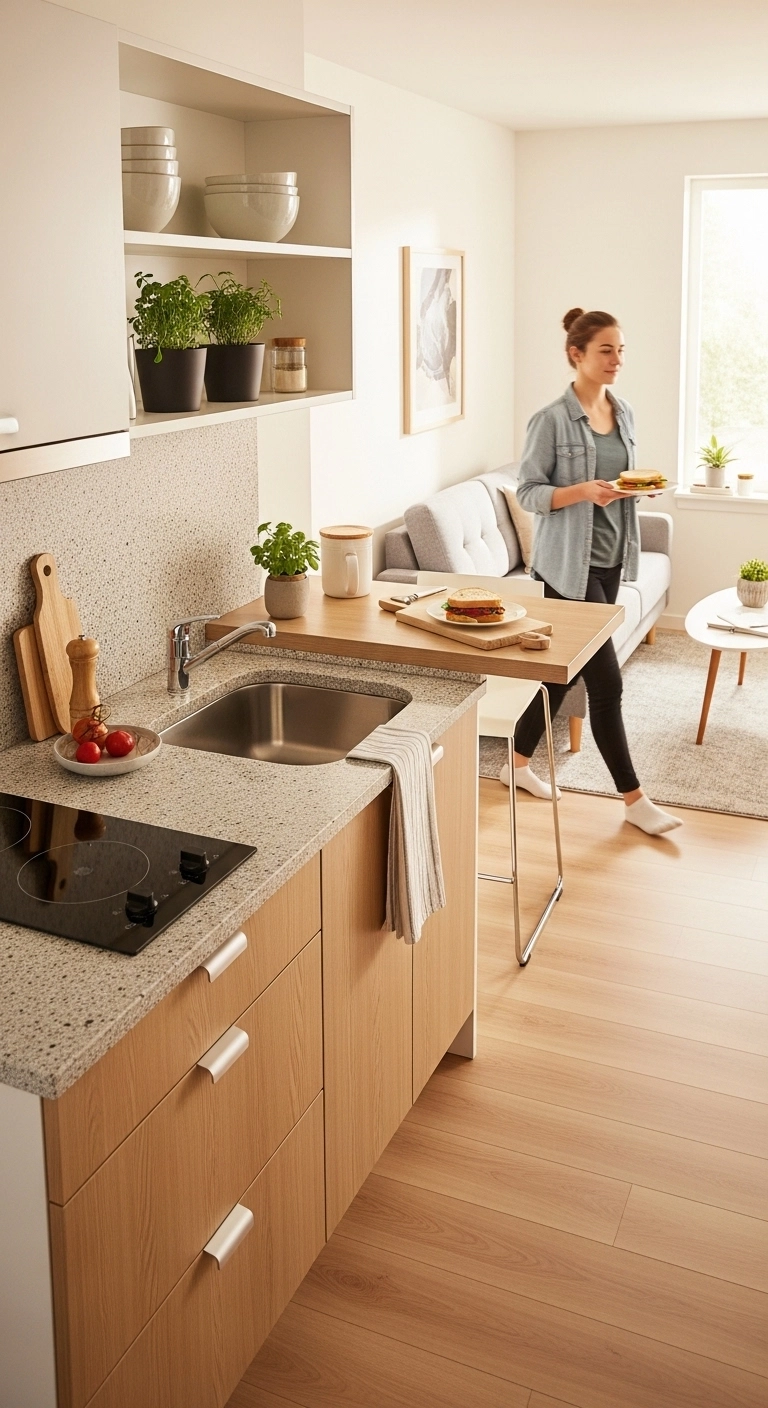 Tiny kitchen ideas with an open layout connecting the kitchen and living space.